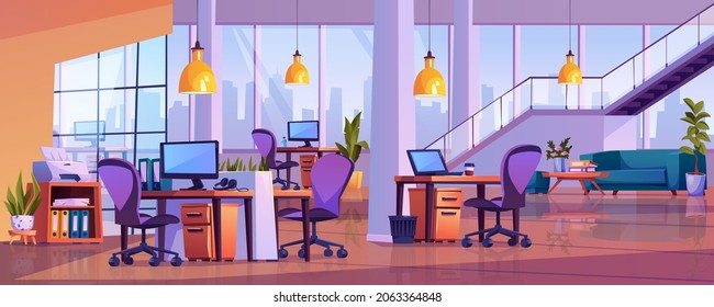 Office open space, empty area workspace, modern business center interior. Vector computer tables and chairs, panoramic windows, loft lamps and ladder upstairs. Furnished room with sofa, plants