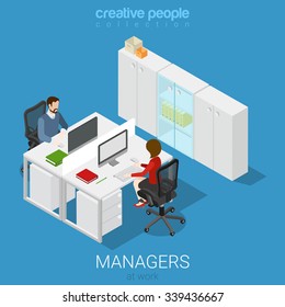Office open space room workplaces flat 3d isometry isometric concept web infographics vector illustration. Interior block table two workers divider. Creative people collection.
