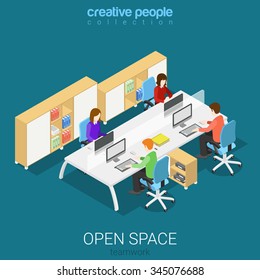 Office open space room workplaces flat 3d isometry isometric concept web infographics vector illustration. Interior block table four workers cupboard library. Creative people collection.