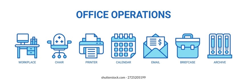 Concepto de Ilustración vectorial del icono del Anuncio del Web de las operaciones de la oficina para el negocio con el icono del lugar de trabajo, de la silla, de la impresora, del calendario, del correo electrónico, del maletín, y del Archivar.
