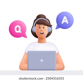 Operador de oficina con auriculares y burbuja de voz QA, hablando con los clientes. Servicio al cliente, centro de llamadas, Asistencia al cliente, preguntas y respuestas, concepto de chat de preguntas frecuentes. Personaje de personas de Vector 3D. 