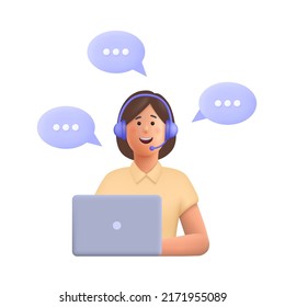 Office operator with headset talking with clients. Customer service, call center, hotline, customer support department staff concept. 3d vector people character illustration. Cartoon minimal style. - Shutterstock ID 2171955089
