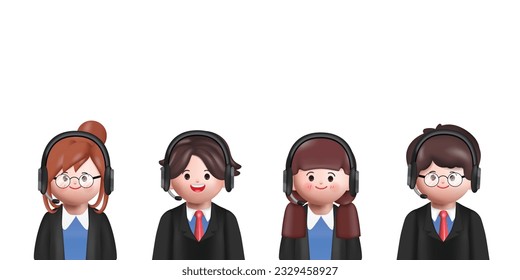 Office operator with headset talking with clients. Customer service, call center, hotline, customer support department staff concept. 3d vector people character illustration.