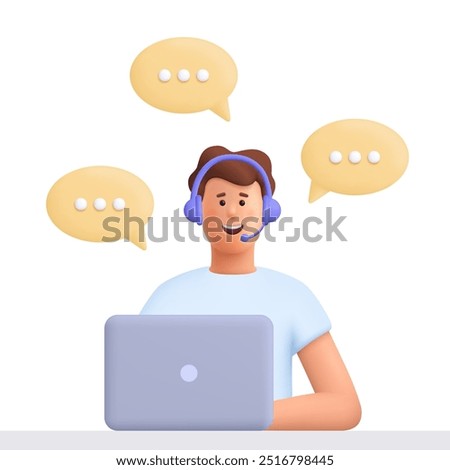 Office operator with headset talking with clients. Customer service, call center, hotline, customer support department staff concept. 3d vector people character. Cartoon minimal style.