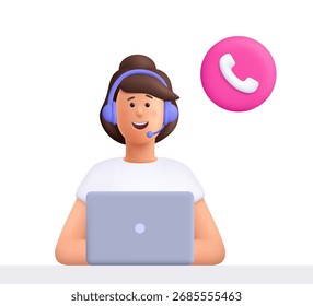 Operadora de escritório Jane usando fone de ouvido trabalhando em um laptop com ícone de chamada telefônica. Atendimento ao cliente, call center, suporte ao cliente, conceito de linha de ajuda. personagem de pessoas vetoriais 3d. Estilo mínimo de desenho animado.