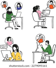 Operadores de Office con caracteres de auriculares. Servicio al cliente, operadores de línea directa, asistencia técnica global, personal del departamento de atención al cliente. Ilustración vectorial dibujada a mano.