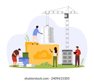 Office organization of document flow. Tiny people loading stack of paper pages into folder with construction crane, organize digital archives for information storage cartoon vector illustration
