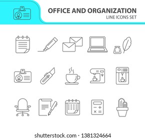 Office and organization icon set. Line icons collection on white background. Stationary, paperwork, coffee. Workflow concept. Can be used for topics like business, coworking space, management