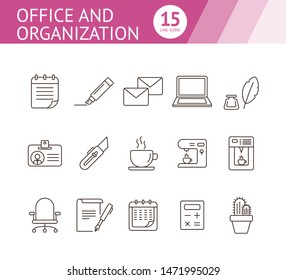 Office and organization icon set. Line icons collection on white background. Stationary, paperwork, coffee. Workflow concept. Can be used for topics like business, coworking space, management