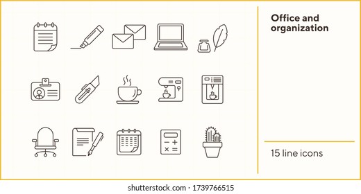 Office and organization icon set. Line icons collection on white background. Stationary, paperwork, coffee. Workflow concept. Can be used for topics like business, coworking space, management