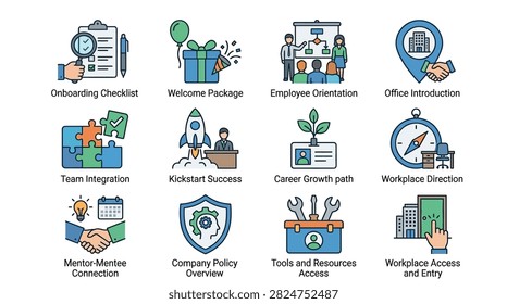 Office orientation and career kickstart flat icon set.