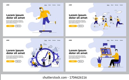 Office and outdoor activities set. Group of runners, skateboarder, teamwork, time management. Flat vector illustrations. Communication, leisure concept for banner, website design or landing web page