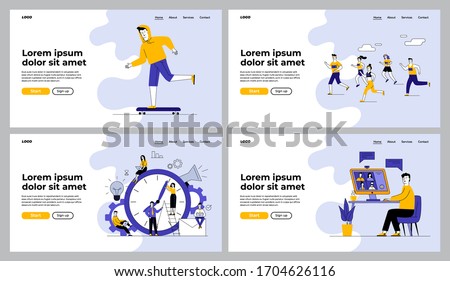 Office and outdoor activities set. Group of runners, skateboarder, teamwork, time management. Flat vector illustrations. Communication, leisure concept for banner, website design or landing web page