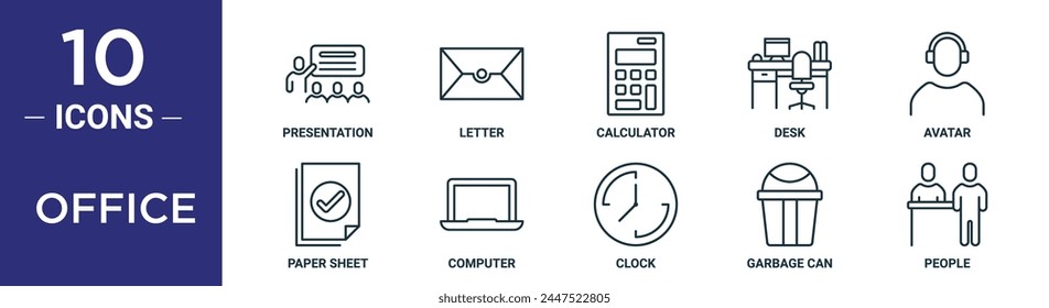 conjunto de iconos de esquema de oficina incluye presentación de línea fina, carta, calculadora, mesa, avatar, hoja de papel, iconos de equipo para informe, presentación, diagrama, Diseño web