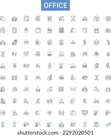 Office outline icons collection. Workplace, Desk, Chair, Computers, Stationery, Printer, Filing vector illustration set. Management, Supplies, Clerical line signs