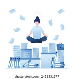 Office overwork, paperwork on workplace. Huge heap of paper documents, folders. Overworked businesswoman relax in lotus yoga pose. Break time, clerk after hard work. Time management, multitasking.