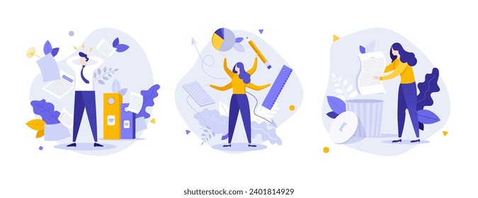 Office overworking Stress flach Konzept Vektorgrafiken Set. Aufgabenmanagement für die Erstellung von Workflows-Optimierungen. Creative-Idee von Unternehmenskunden für Website, Mobilfunk, Präsentation