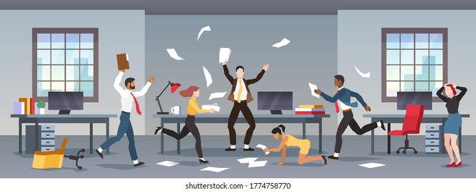 Office panic. Corporate business problems, collapse career. Chaos in workplace with employees. Men and women in company in stress, nervous angry people. Financial crisis, recession flat vector concept