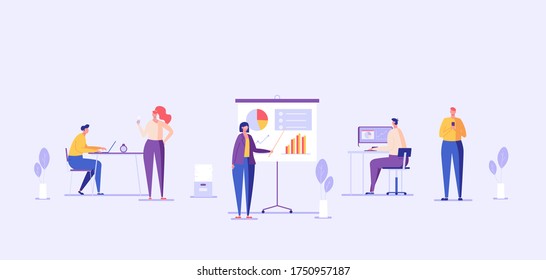 Panorama de oficina con ilustración plana interior. Equipo de negocios trabajando juntos. Trabajadores sentados en escritorios y hablando entre ellos. Concepto de estilo de vida corporativo, lugar de trabajo para el diseño web. 