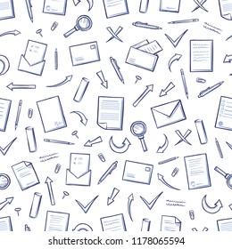 Office paper and arrowheads seamless pattern vector. Monochrome sketches outline, magnifying glass tool for zoom and search. Correspondence letters