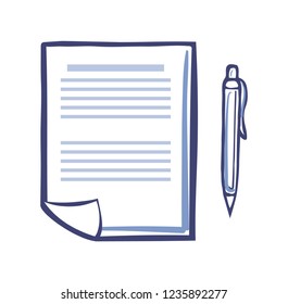 Office paper document page and fountain pen isolated sketch icons, line art vector. Publication with written information. Documentation or article writing