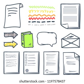 Office paper document and thought bubbles isolated icons set vector. Envelope and pages with signatures of people. Arrows and book letter and pointer