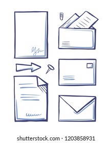 Office paper and documents in letters set of icons monochrome sketches outline vector. Arrows and clip, pin and sheets with info. Documentation data