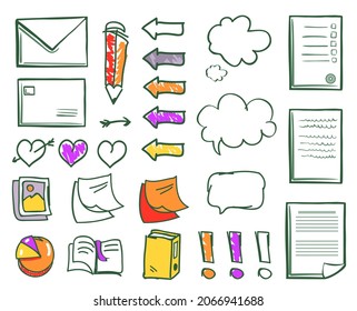 Office paper and documents marks icons set vector. Thought bubble and memo, note and heart sketch, message correspondence letter in envelope chart