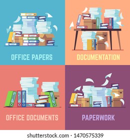 Office paper documents. Routine bureaucracy paperwork, accounting papers pile, stacked office file folders. Flat vector folder business papers stacks concepts