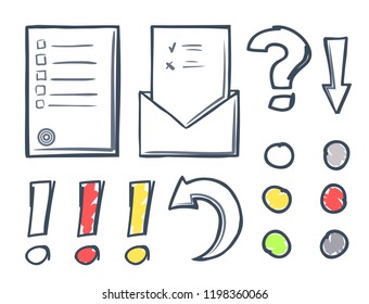 Office paper and dots with marks isolated icons set vector. Exclamation and question, pointers and indicators. Arrows and arrowheads line sketches