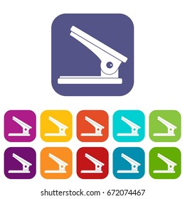 Office paper hole puncher icons set vector illustration in flat style In colors red, blue, green and other