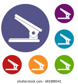 Office paper hole puncher icons set in flat circle red, blue and green color for web