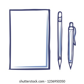 Office paper icon and sharp pencil with pen isolated vector icons. Document blank, empty file for notes, template of letter or document in sketch style