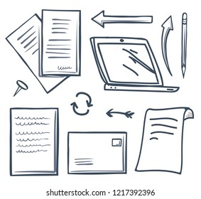 Office paper and laptop screen, arrows and arrowheads isolated icons vector. Pointers and indicators, pin to fix documents, envelope letter with pages
