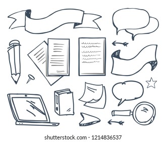 Office paper and pencil with pin icons vector. Banners and ribbon for text cursor and laptop screen, pages and documents. Memo notes, magnifying glass