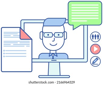 Office paper sheet, digital papework near user profile icon. Man works with statistics, documents and email. Working in accounting, data analysis, audit, project management, research concept.