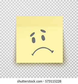 Office Paper Sheet Or Sticky Sticker Isolated On A Transparent Background. Vector Yellow Post Note With Upset, Sad Face For Your Design