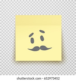 Office paper sheet or sticky sticker with face and moustache isolated on a transparent background. Vector yellow post note and mustache face for happy father's day design