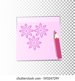 Office paper sticker sheet pink with flowers or a sticky label with shadow isolated on a transparent background. Vector for your design.