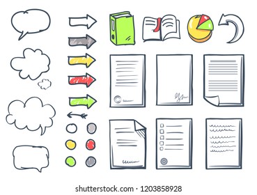 Office paper and thought bubble isolated icons set vector. Arrows and pointers, arrowheads and diagrams, books with bookmarks pages line art style