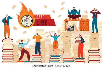 Ilustración vectorial de trabajo de papel de oficina. Viñeta de los minúsculos empleados del equipo personajes de trabajo en exceso, sentados en montones de libros y documentos de papel en desorden, tareas de fecha límite, fondo de concepto de gestión del tiempo