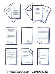 Office papers documents and files set of monochrome sketches outline icons vector. Signatures and stamps on pages, documentation and official captions