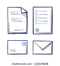 Office papers, envelopes closed and open isolated icons. Signed contract with text, stamp and signature vector. Commercial documentation, messages