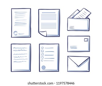 Office papers, envelopes and folders isolated icons. Signed contract with text, stamp and signature vector. Commercial documentation, messages templates