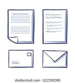 Office papers and envelopes isolated icons. Signed contract, text and signature vector. Commercial documentation, messages templates, closed and open letters