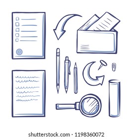 Office papers monochrome sketches outline icons set vector. Pencil and pen, magnifying glass and pages, documents in envelopes, messages and letters