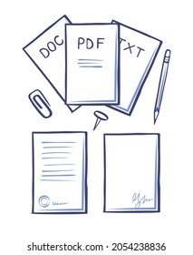 Office Papers And Pages With Signature Vector. Pencil With Eraser, Clip For Documents, Pdf And Txt, Doc Files. Monochrome Sketches Outline Icons Set