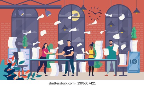 Lot of Office Paperwork, Bureaucracy Flat Vector Concept with Company Employees Sorting, Analyzing and Organizing Paper Documents, Reading Correspondence, Trying to Finish Work at Time Illustration