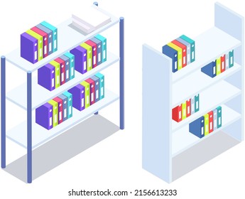 Office paperwork, document and file folders. Vector filing cabinet illustration, file archive storage box. Business folders storage carton container and white cabinet drawer, workplace environment