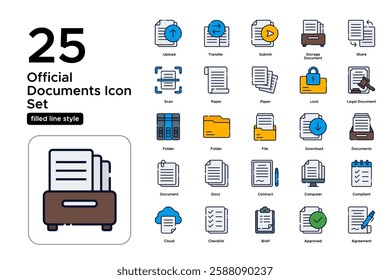 Office Paperwork and Documentation. Reports, Contracts, and Business Forms. Vector Illustration. FIlled line icon set
